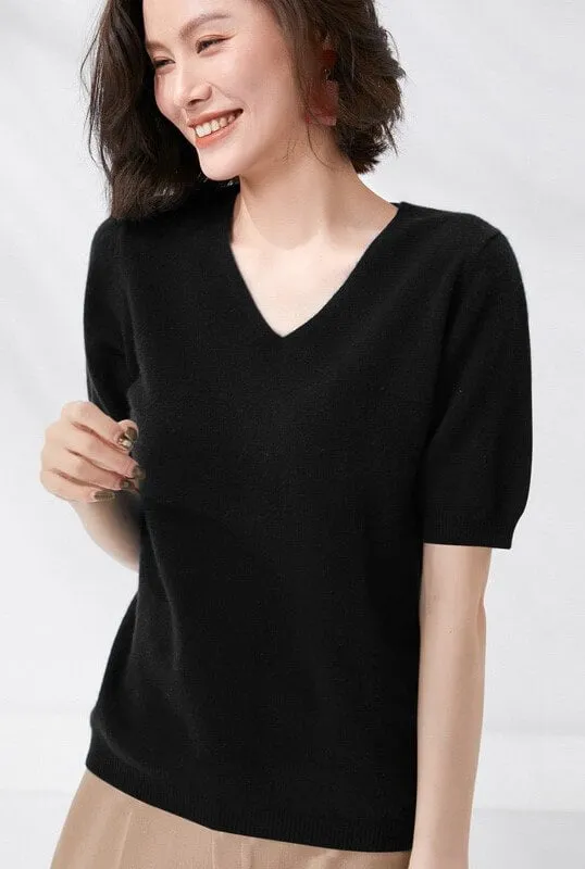 Elegant V-Neck Knit Half Sleeve Sweater