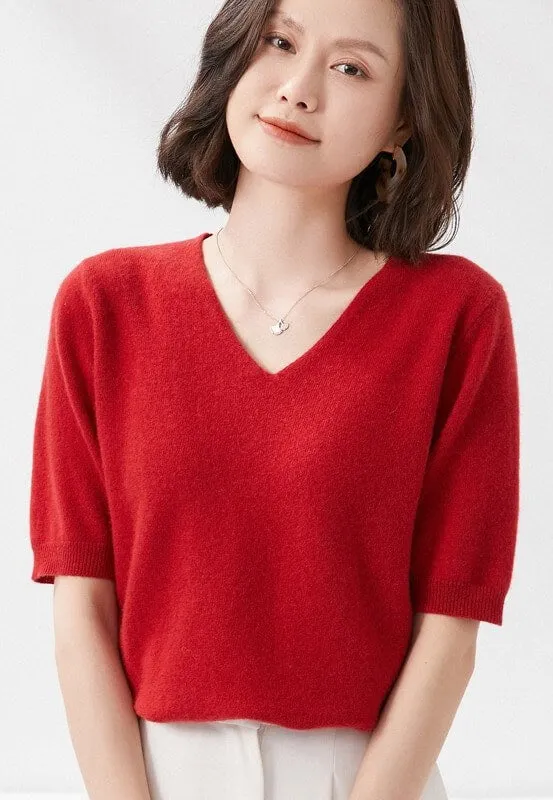 Elegant V-Neck Knit Half Sleeve Sweater