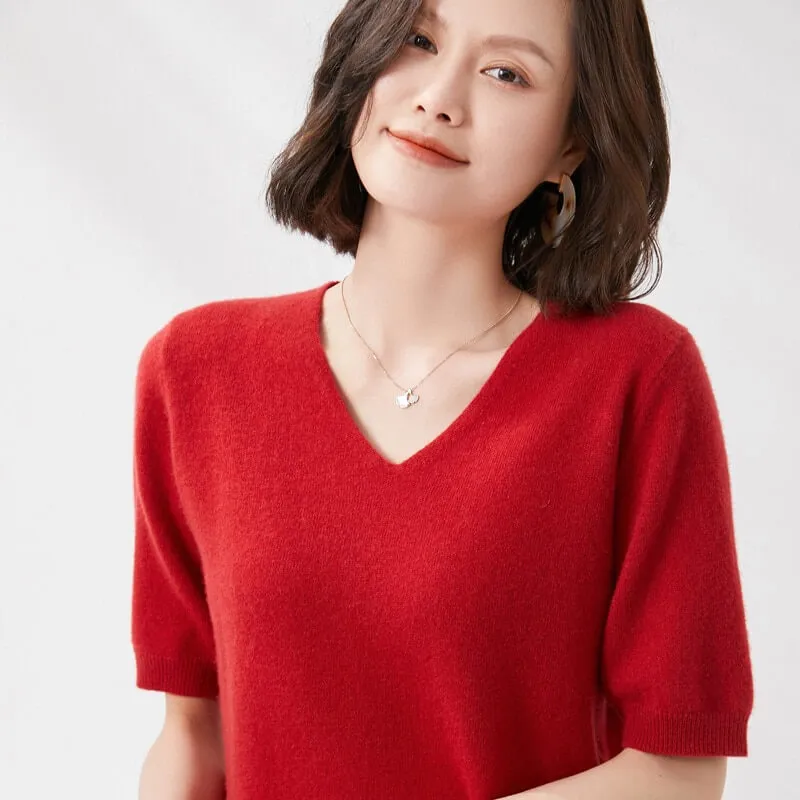 Elegant V-Neck Knit Half Sleeve Sweater