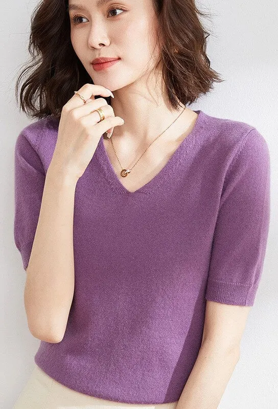 Elegant V-Neck Knit Half Sleeve Sweater