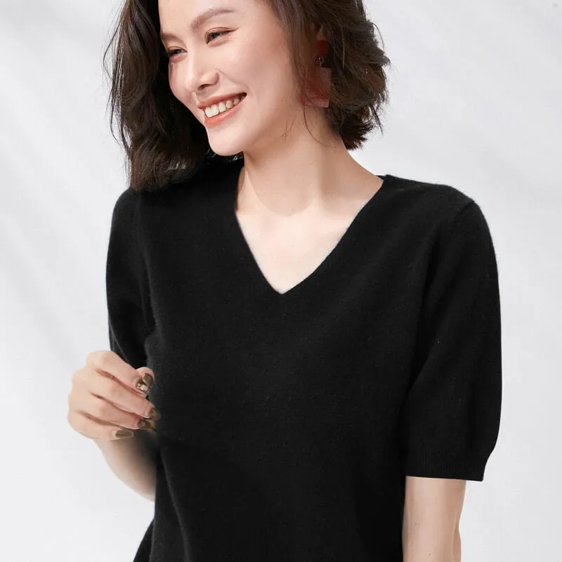 Elegant V-Neck Knit Half Sleeve Sweater