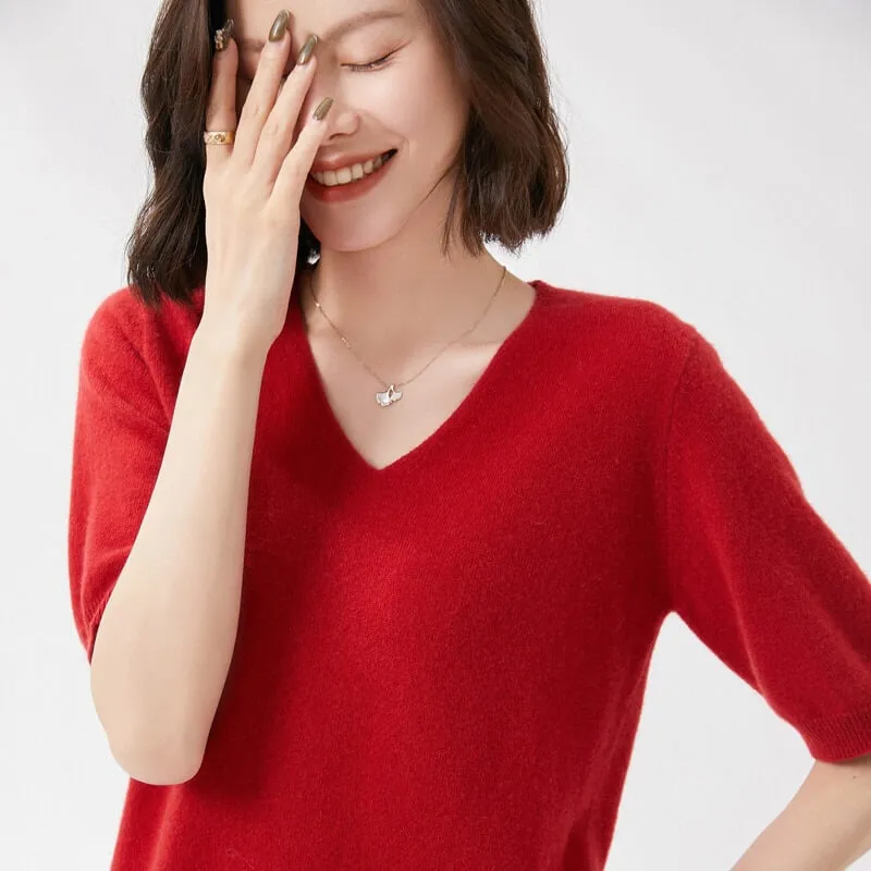 Elegant V-Neck Knit Half Sleeve Sweater