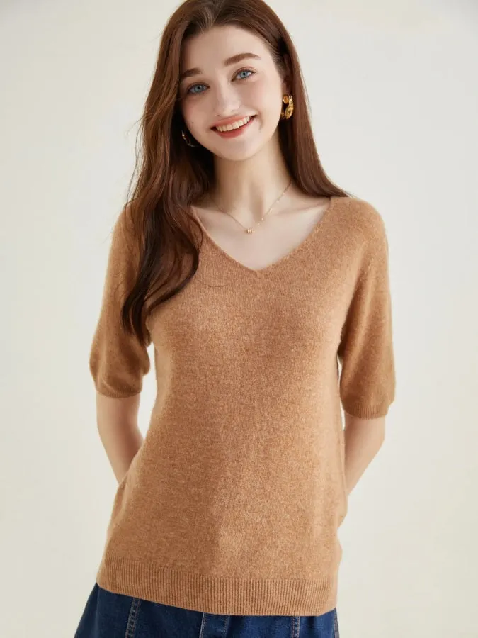 Elegant V-Neck Knit Half Sleeve Sweater