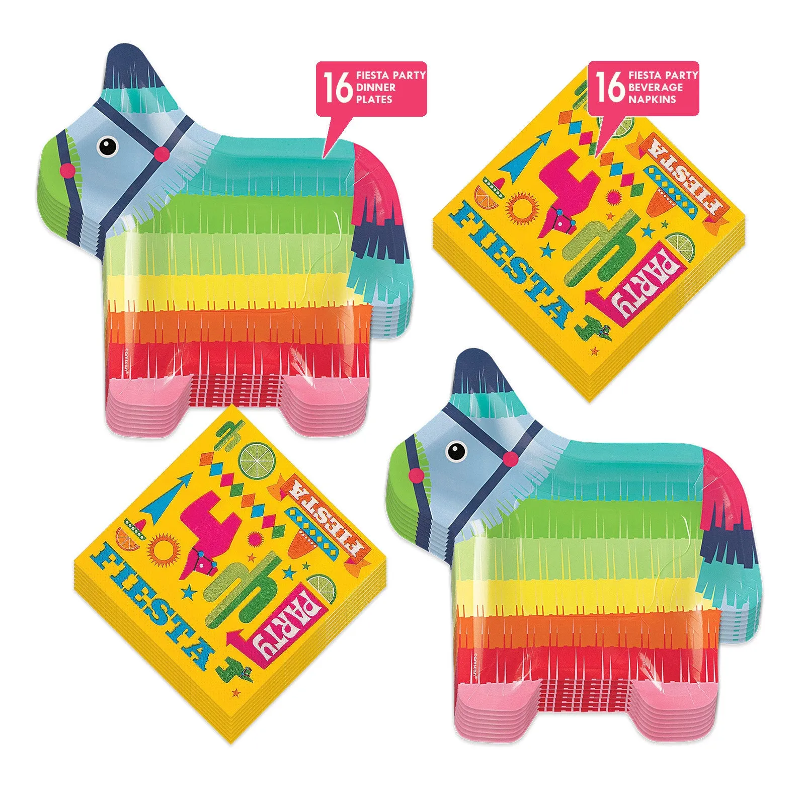 Fiesta Party Donkey Pinata Fringe Paper Plates and Beverage Napkins (Serves 16)