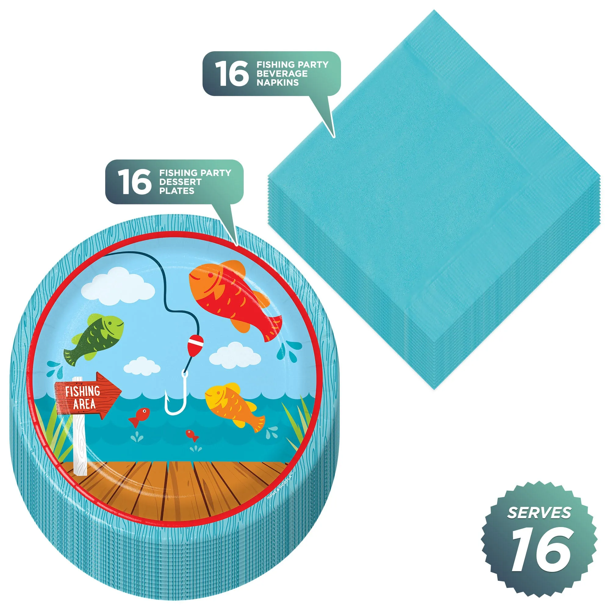 Fisherman Party Supplies - Fishing and Camping Party Paper Dessert Plates and Beverage Napkins (16 Plates & Napkins)