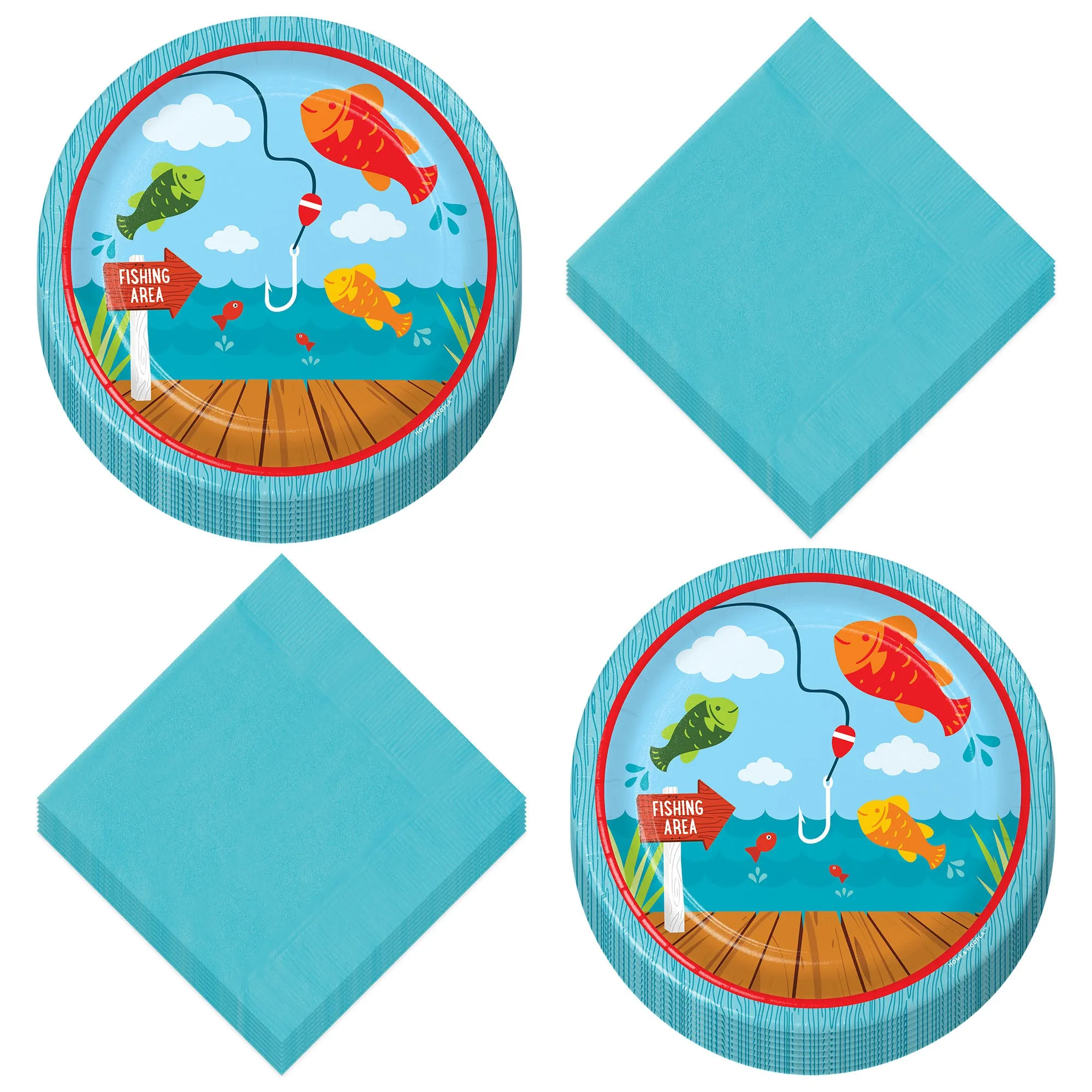 Fisherman Party Supplies - Fishing and Camping Party Paper Dessert Plates and Beverage Napkins (16 Plates & Napkins)