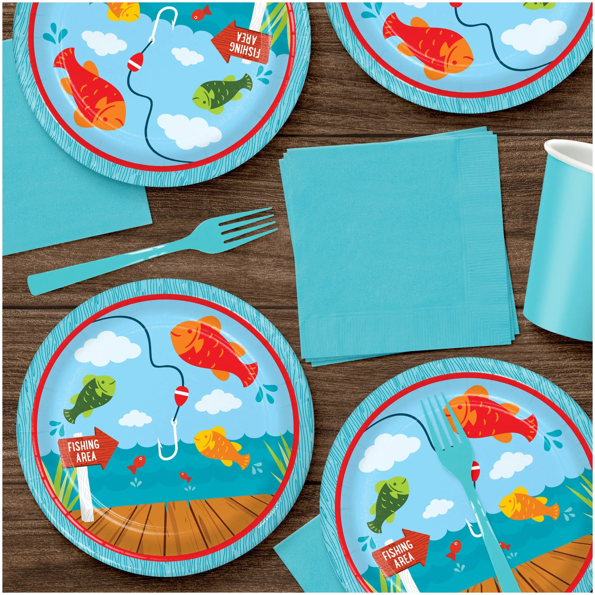 Fisherman Party Supplies - Fishing and Camping Party Paper Dessert Plates and Beverage Napkins (16 Plates & Napkins)