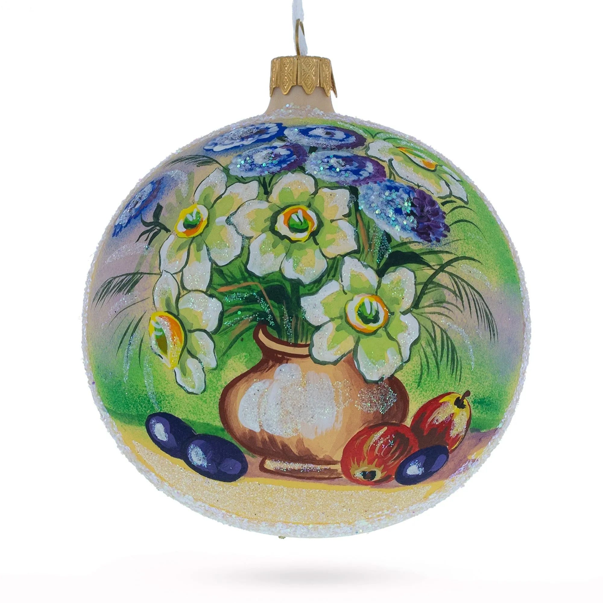 Floral Vase With Apples Masterpiece Blown Glass Ball Christmas Ornament 4 Inches