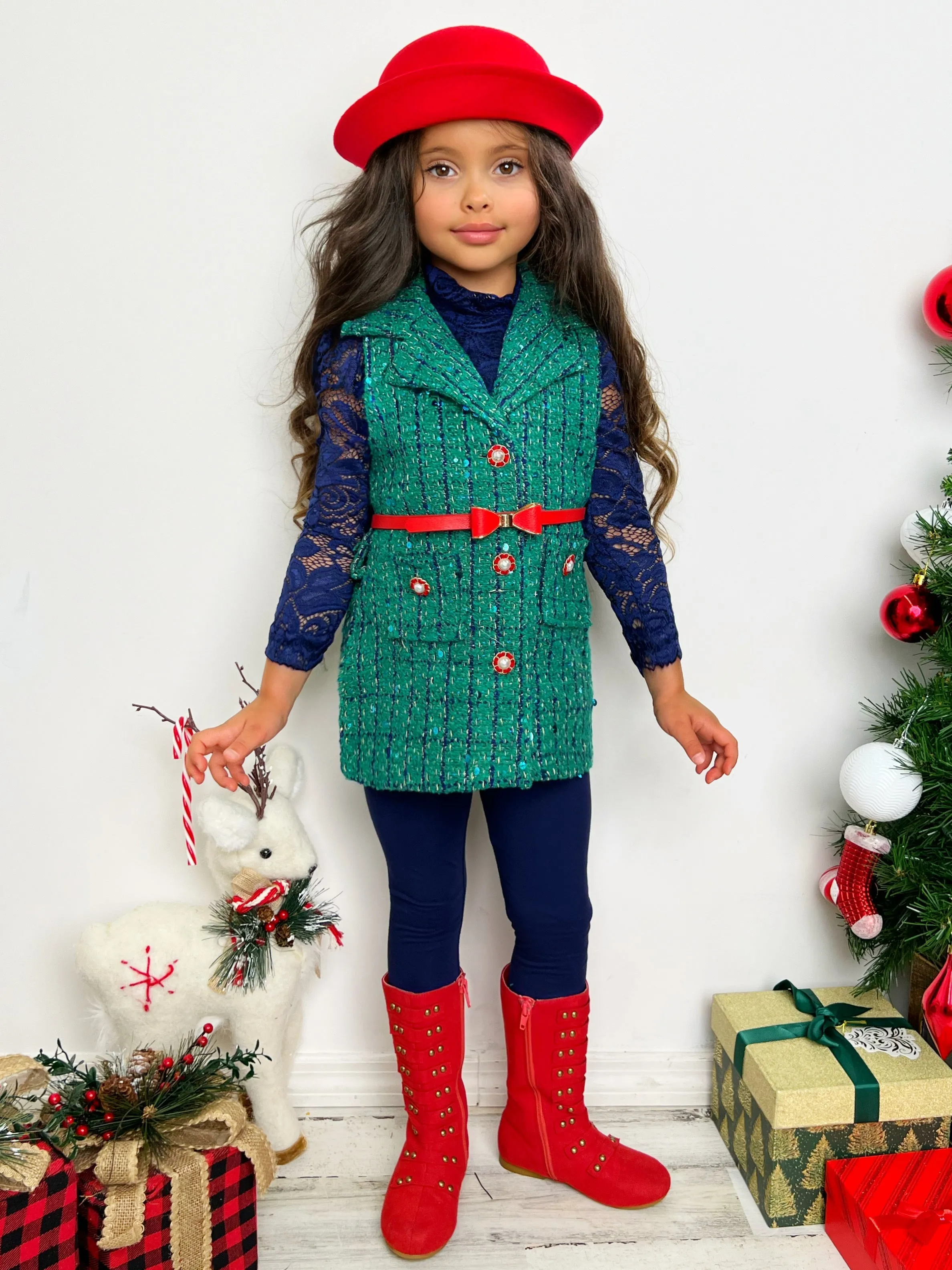 Frosty And Chic Blue Lace Top, Belted Vest, And Legging Set