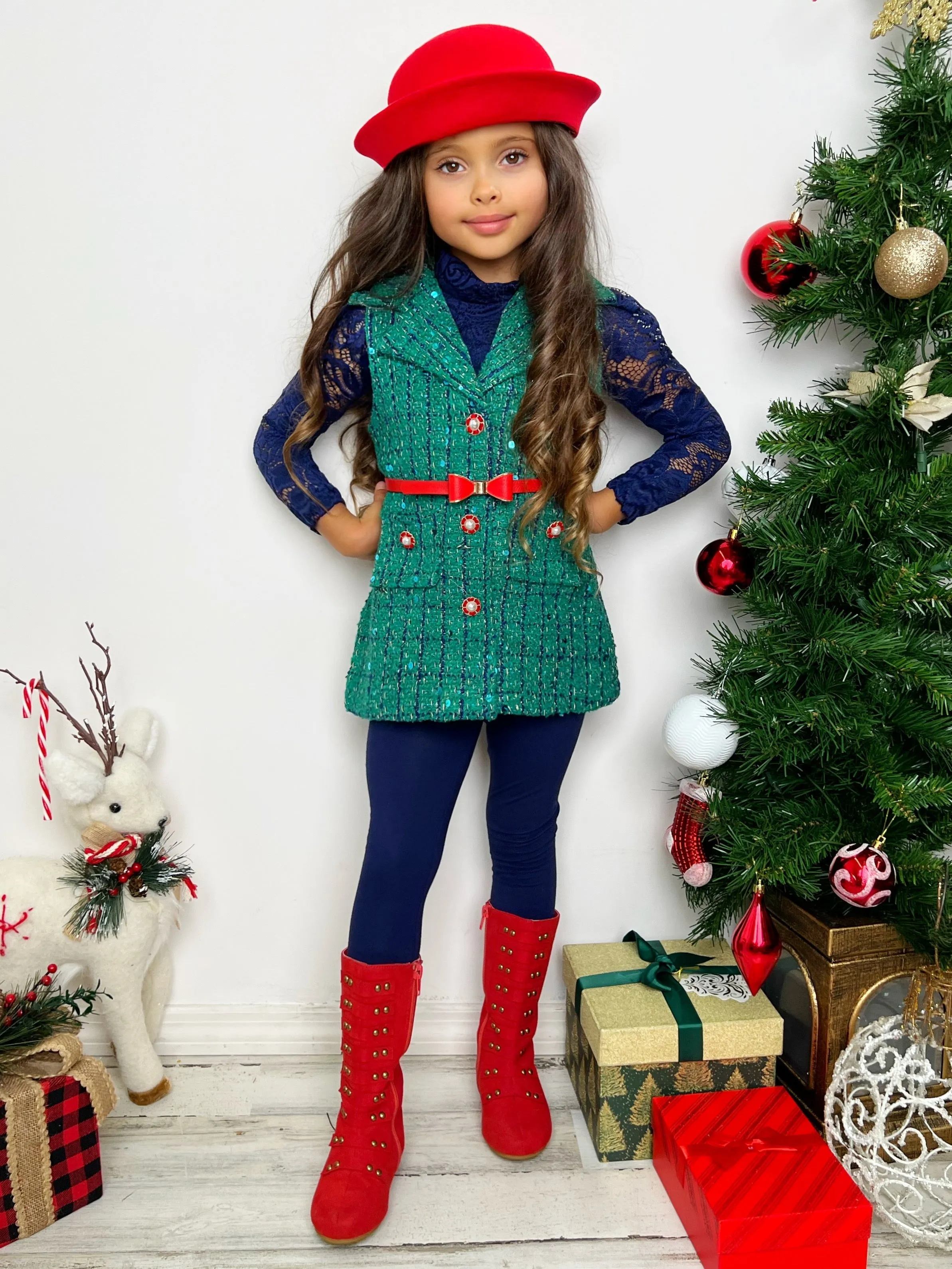 Frosty And Chic Blue Lace Top, Belted Vest, And Legging Set