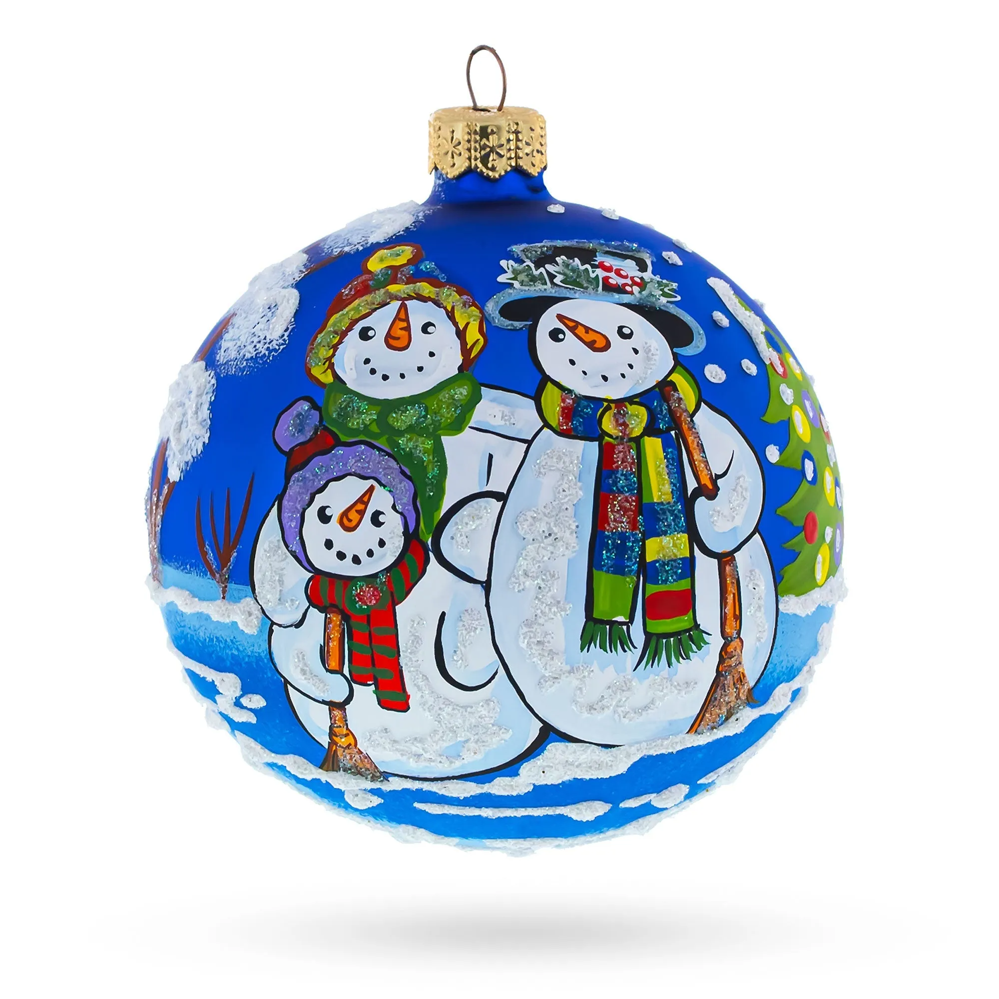 Frosty Bliss: Snowman Family, Husband, Wife, And Child - Blown Glass Ball Christmas Ornament 4 Inches