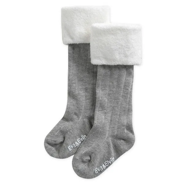 Fur Cuff Knee Socks (Grey/Ivory/Navy)