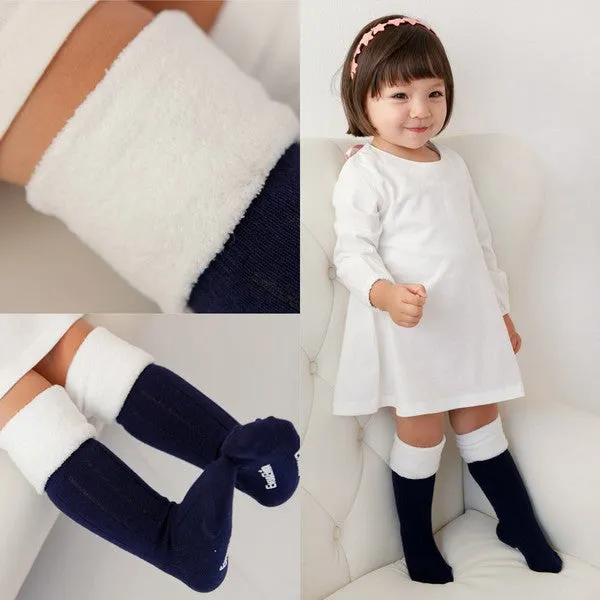 Fur Cuff Knee Socks (Grey/Ivory/Navy)