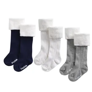 Fur Cuff Knee Socks (Grey/Ivory/Navy)