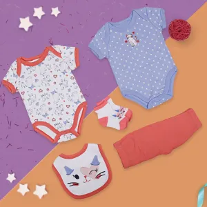 Gift Set Of 5 Bib Body Suits Pant And Socks Cat Multicolour