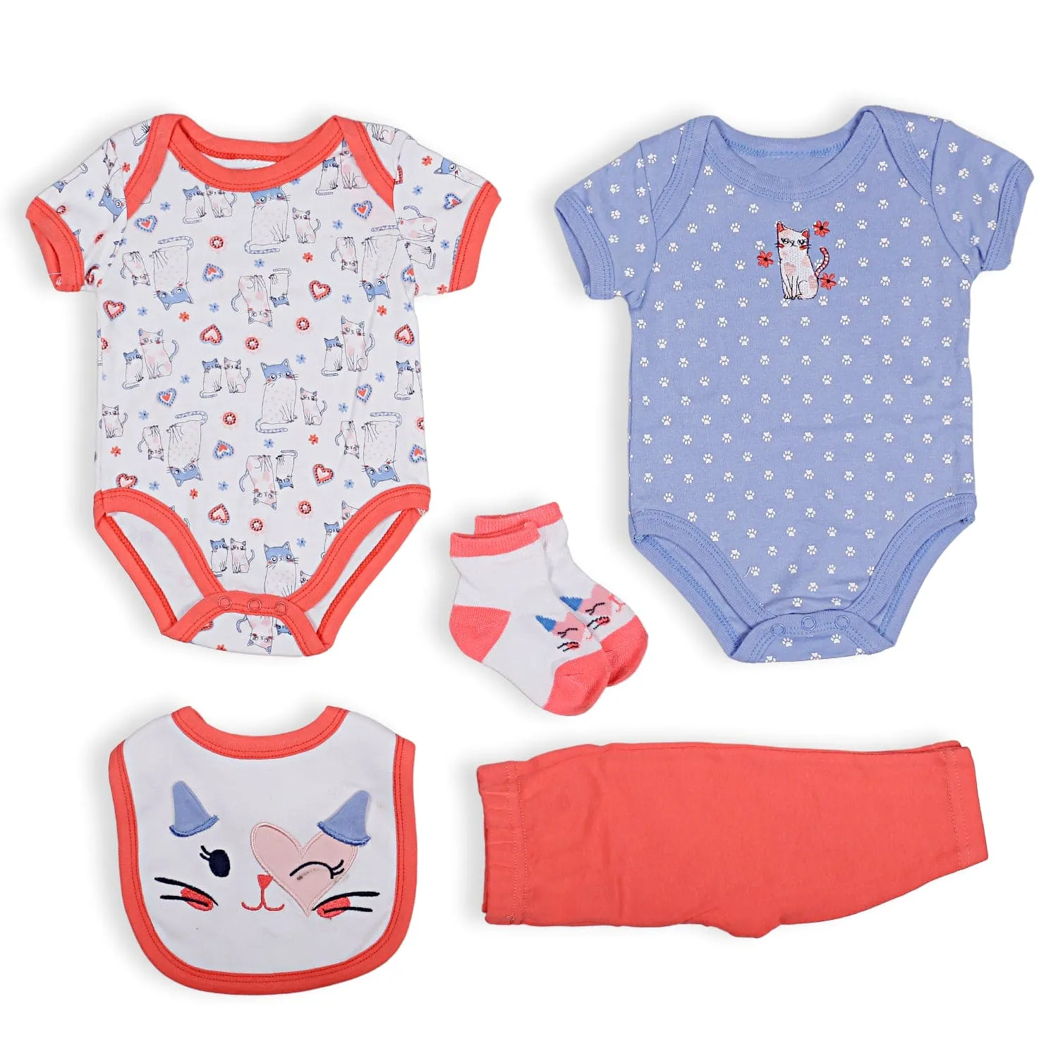 Gift Set Of 5 Bib Body Suits Pant And Socks Cat Multicolour