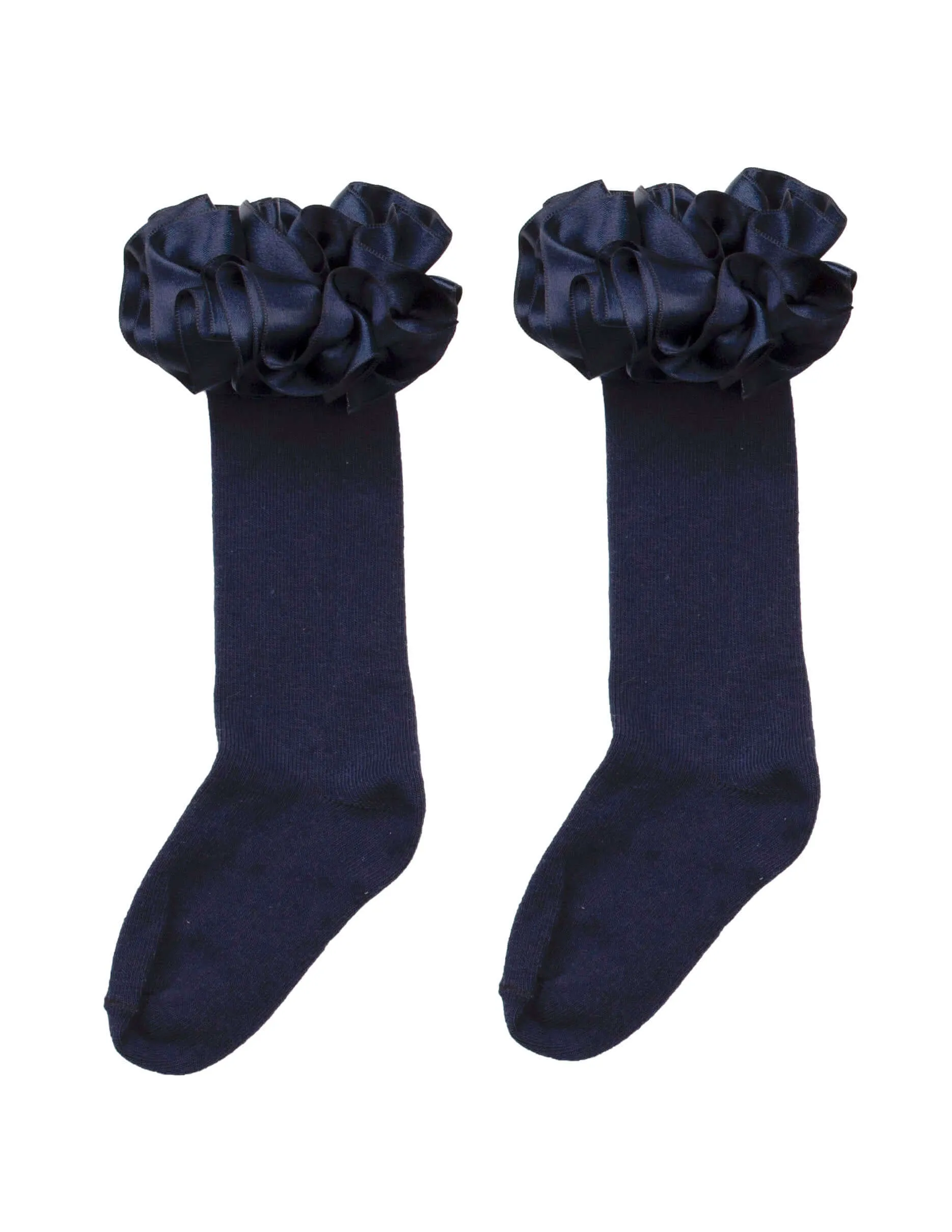 Girls Navy Ruffle Ribbon Knee Length Socks