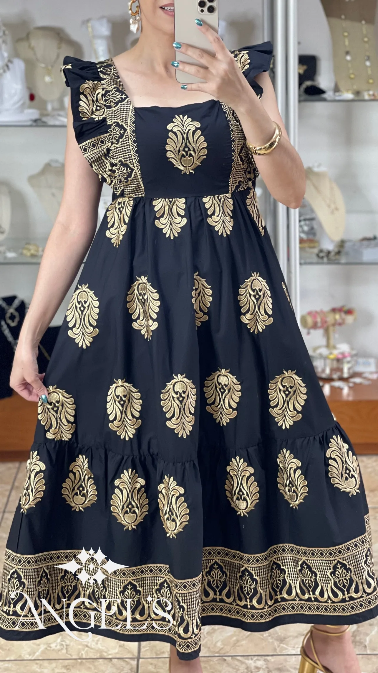 Gold Embroidered Details OS Dress