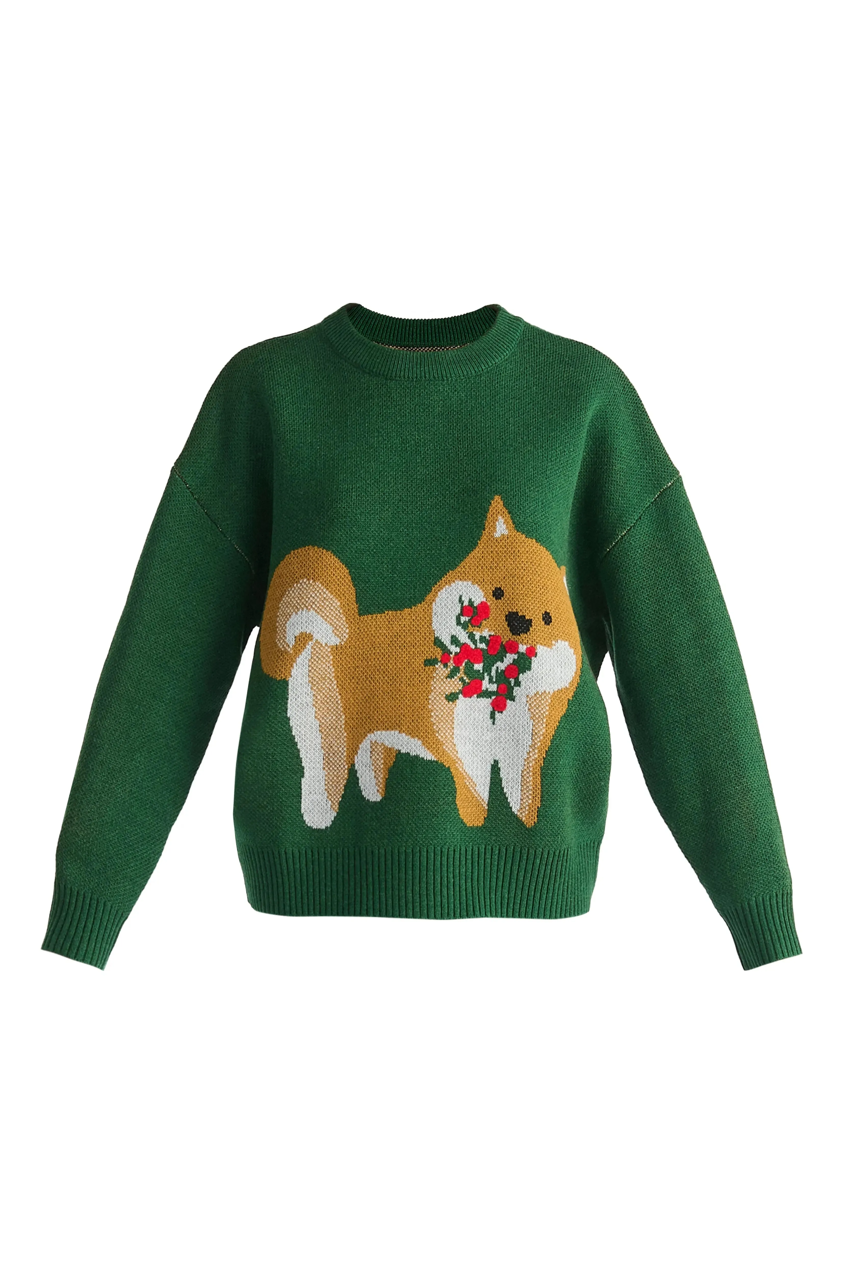 Green Christmas Jumper With Dog and Mistletoes