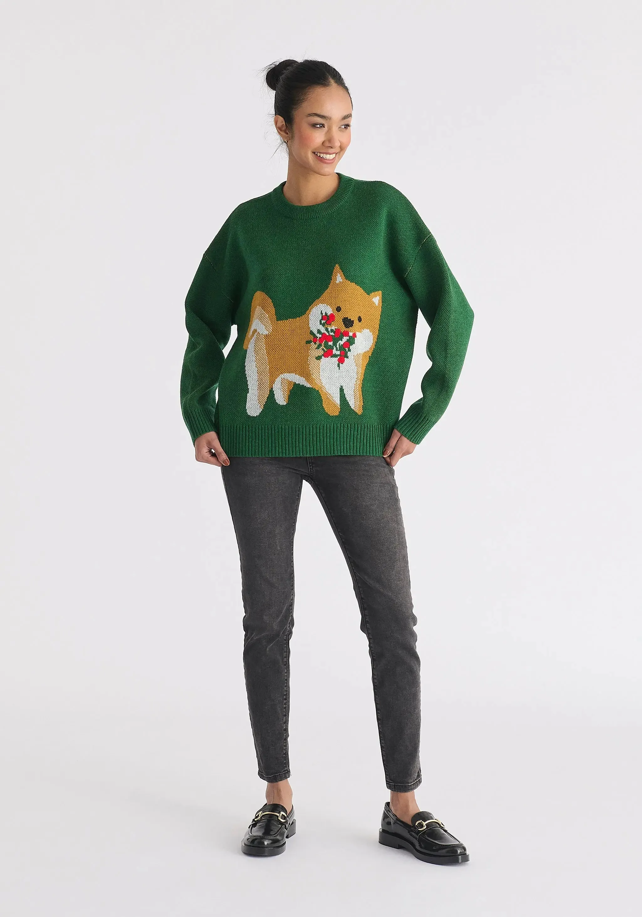 Green Christmas Jumper With Dog and Mistletoes