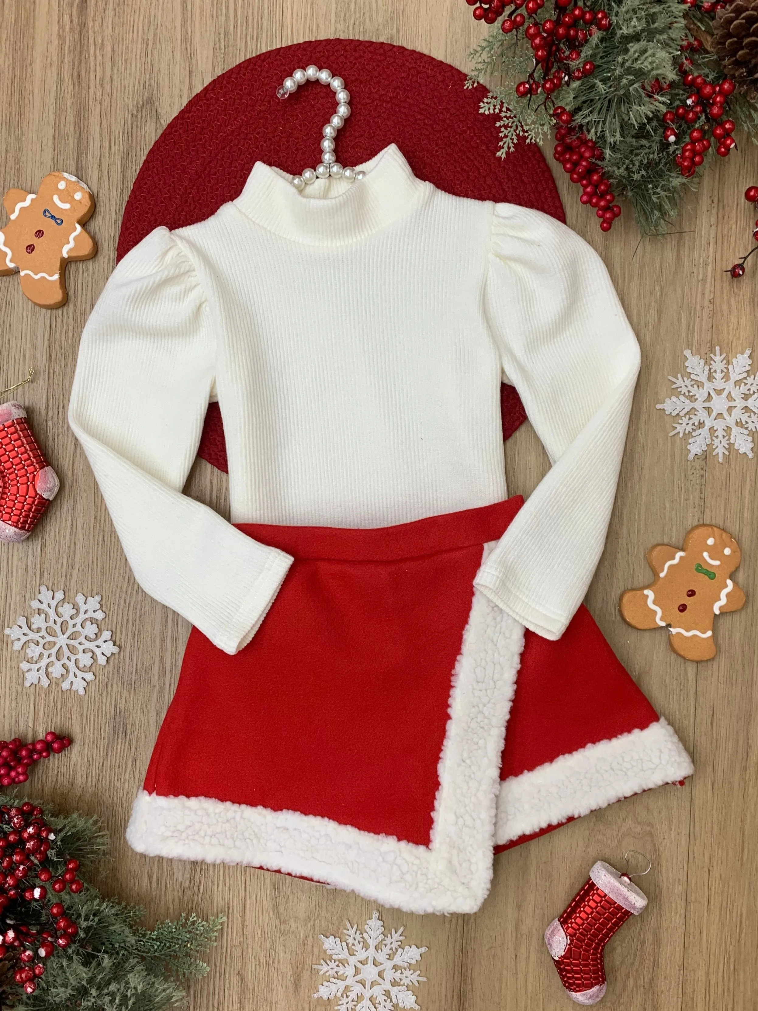 Ivory Turtleneck Top And Red Fur Trimmed Skirt Set