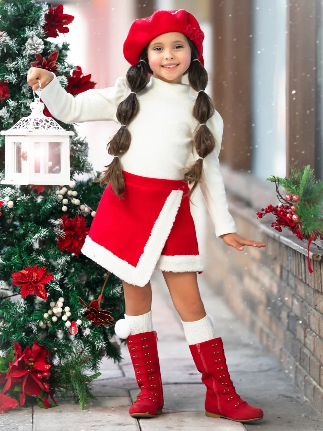 Ivory Turtleneck Top And Red Fur Trimmed Skirt Set