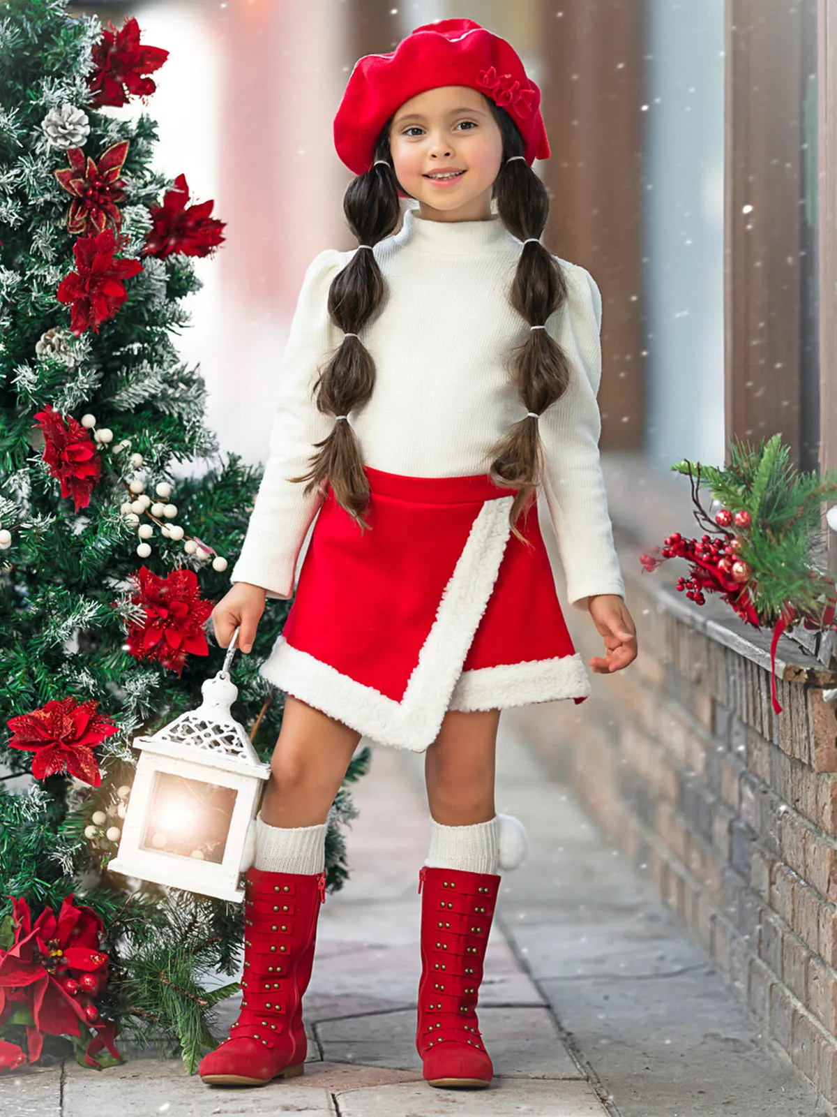 Ivory Turtleneck Top And Red Fur Trimmed Skirt Set