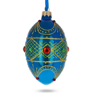 Jeweled Red Ruby On Blue Glass Egg Ornament 4 Inches