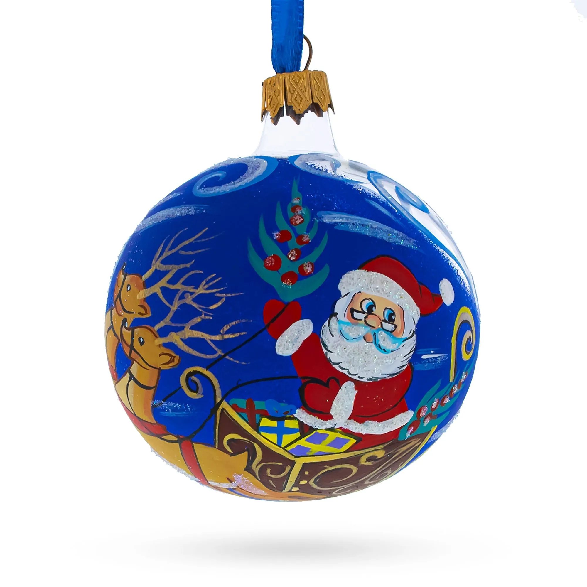 Jolly Santa Riding Sleigh With Reindeer Blown Glass Ball Christmas Ornament 3.25 Inches