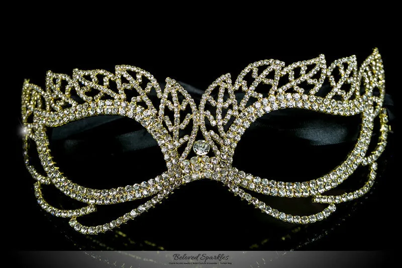 Keely Vintage Leaf Cluster Masquerade Mask | Crystal | Gold