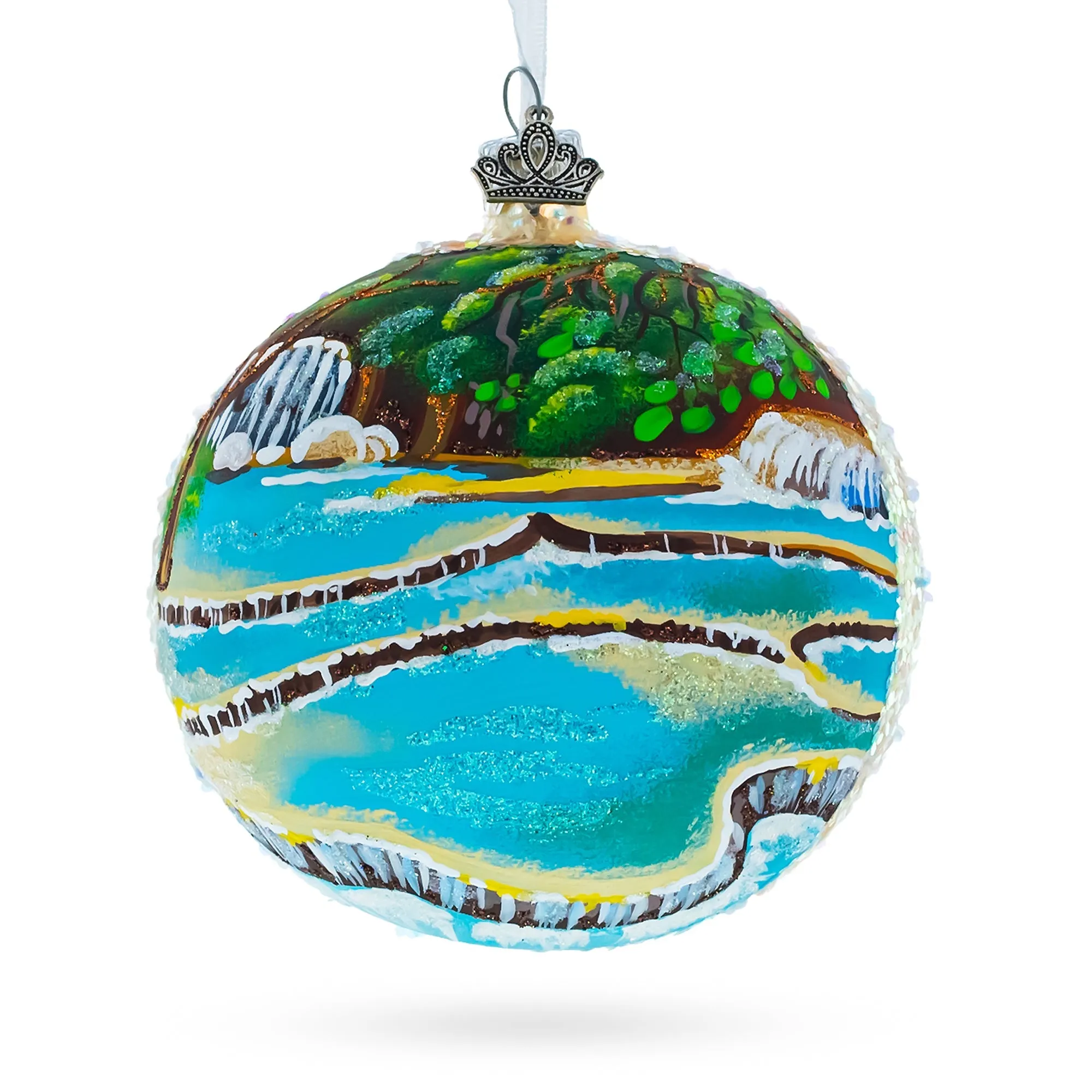 Kuang Si Waterfall, Laos Glass Ball Christmas Ornament 4 Inches