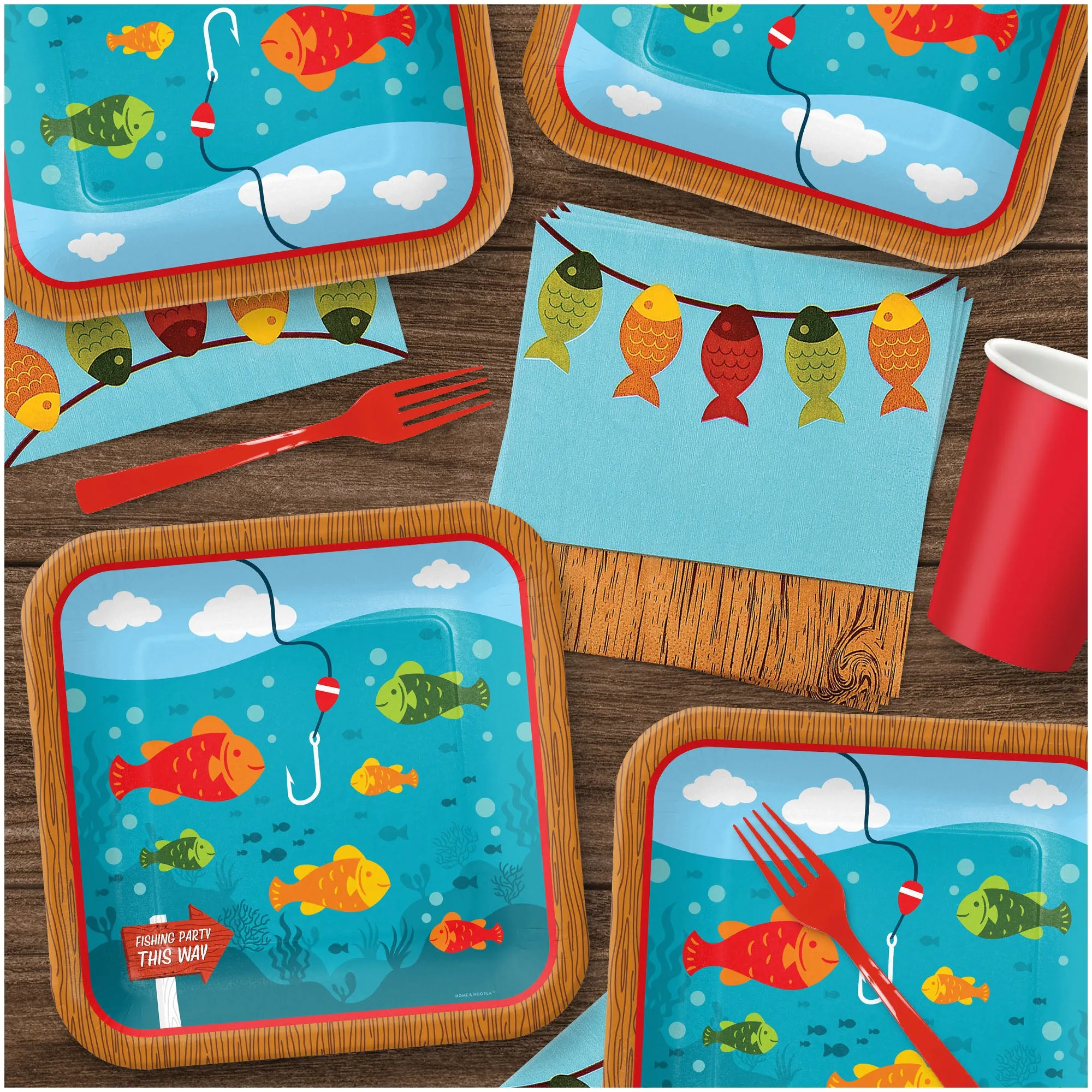 Little Fisherman Fishing and Camping Party Square Paper Dinner Plates and Lunch Napkins (16 Plates & Napkins)