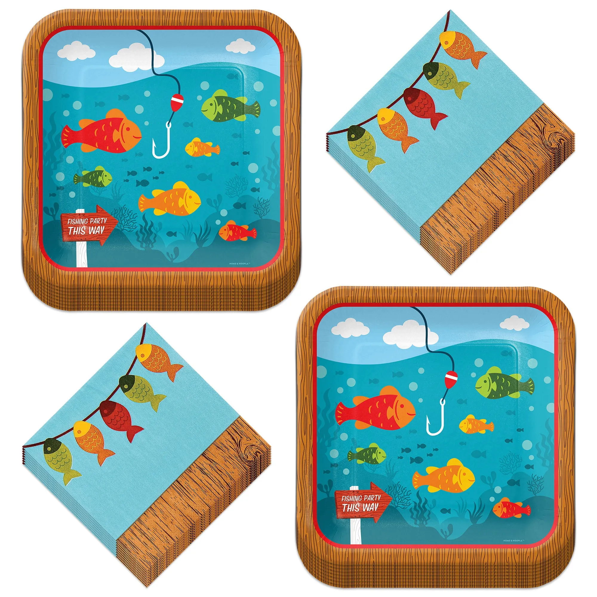 Little Fisherman Fishing and Camping Party Square Paper Dinner Plates and Lunch Napkins (16 Plates & Napkins)