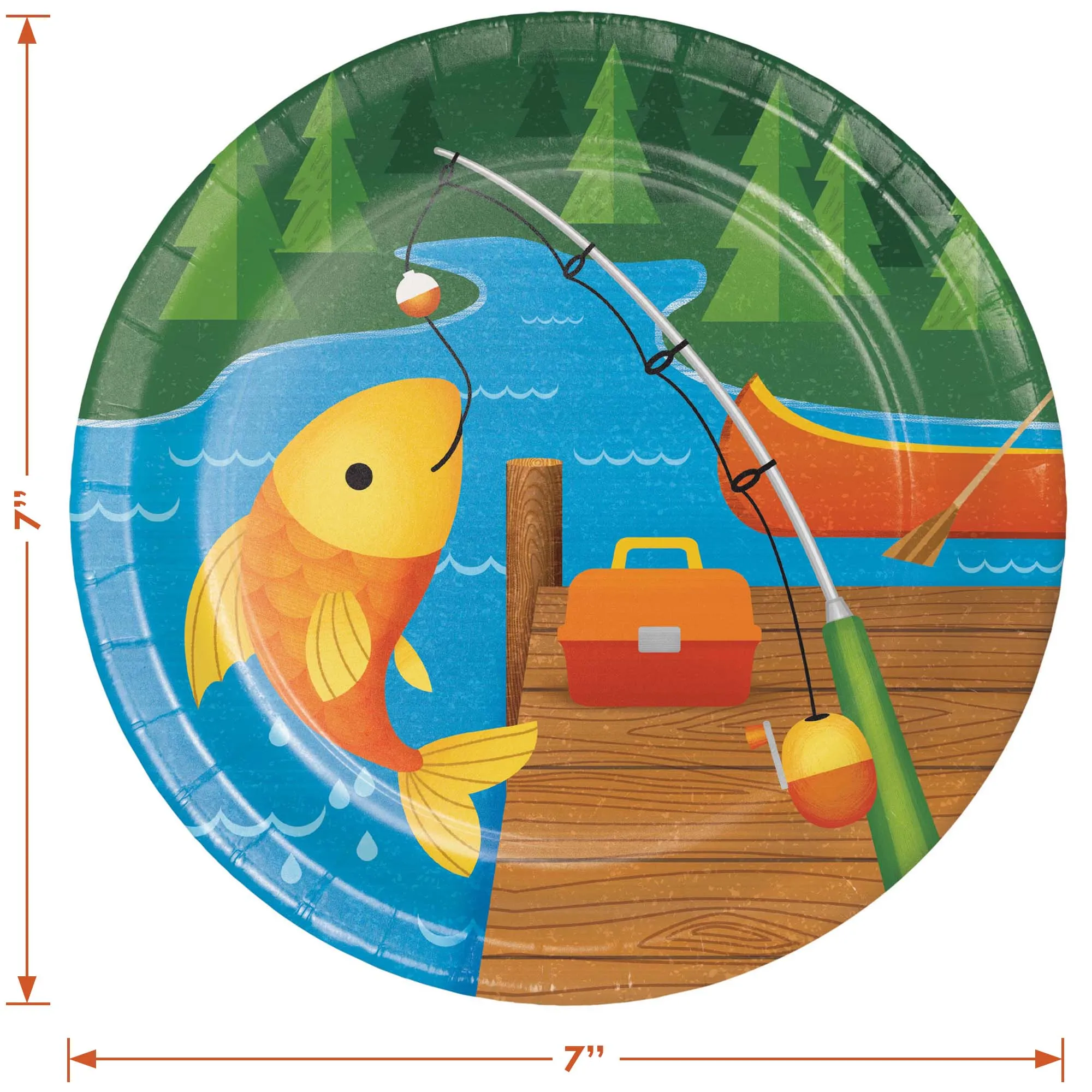 Little Fisherman Fishing Dock and Canoe Camping Party Paper Dessert Plates and Beverage Napkins (Serves 16)