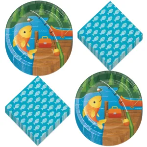 Little Fisherman Fishing Dock and Canoe Camping Party Paper Dessert Plates and Beverage Napkins (Serves 16)