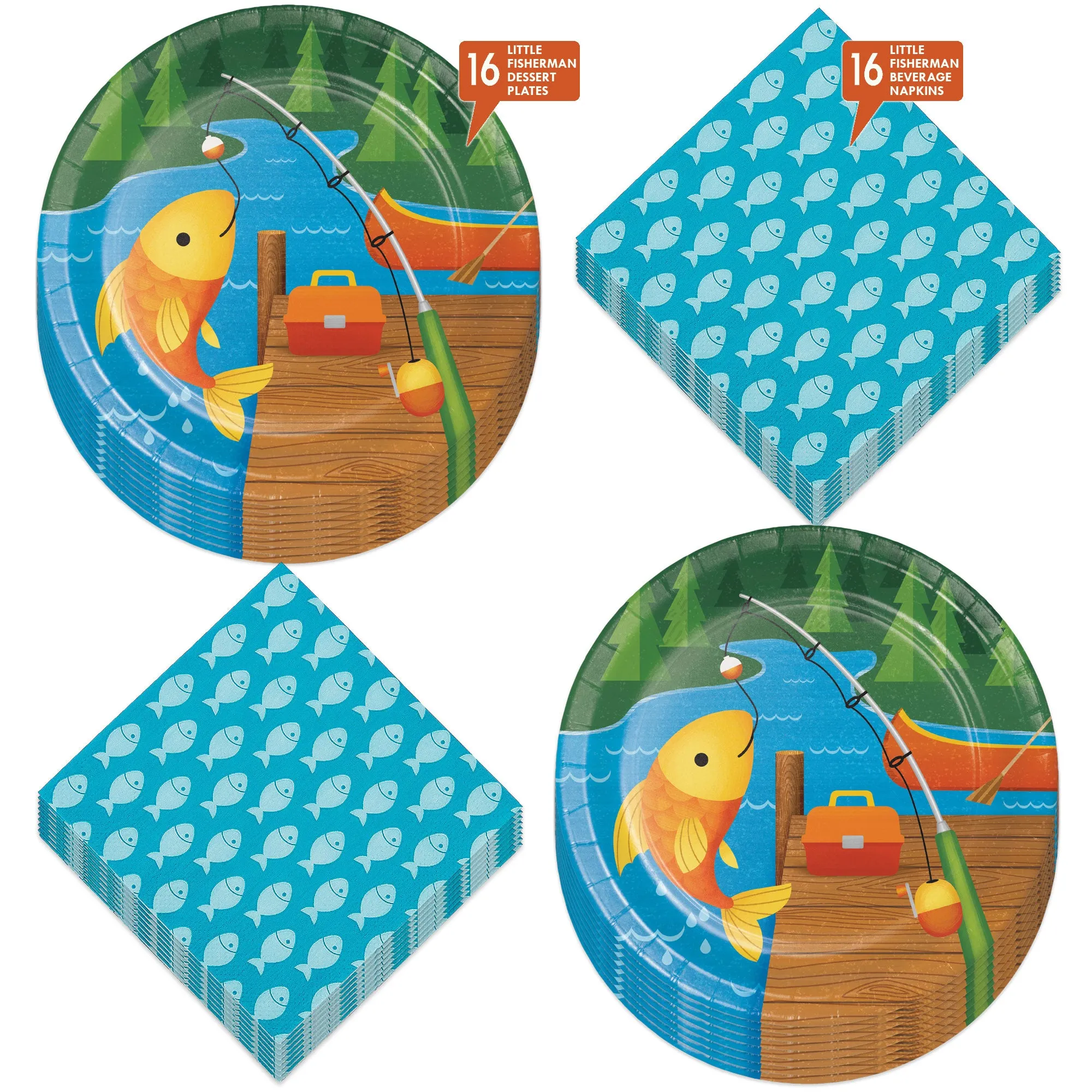 Little Fisherman Fishing Dock and Canoe Camping Party Paper Dessert Plates and Beverage Napkins (Serves 16)