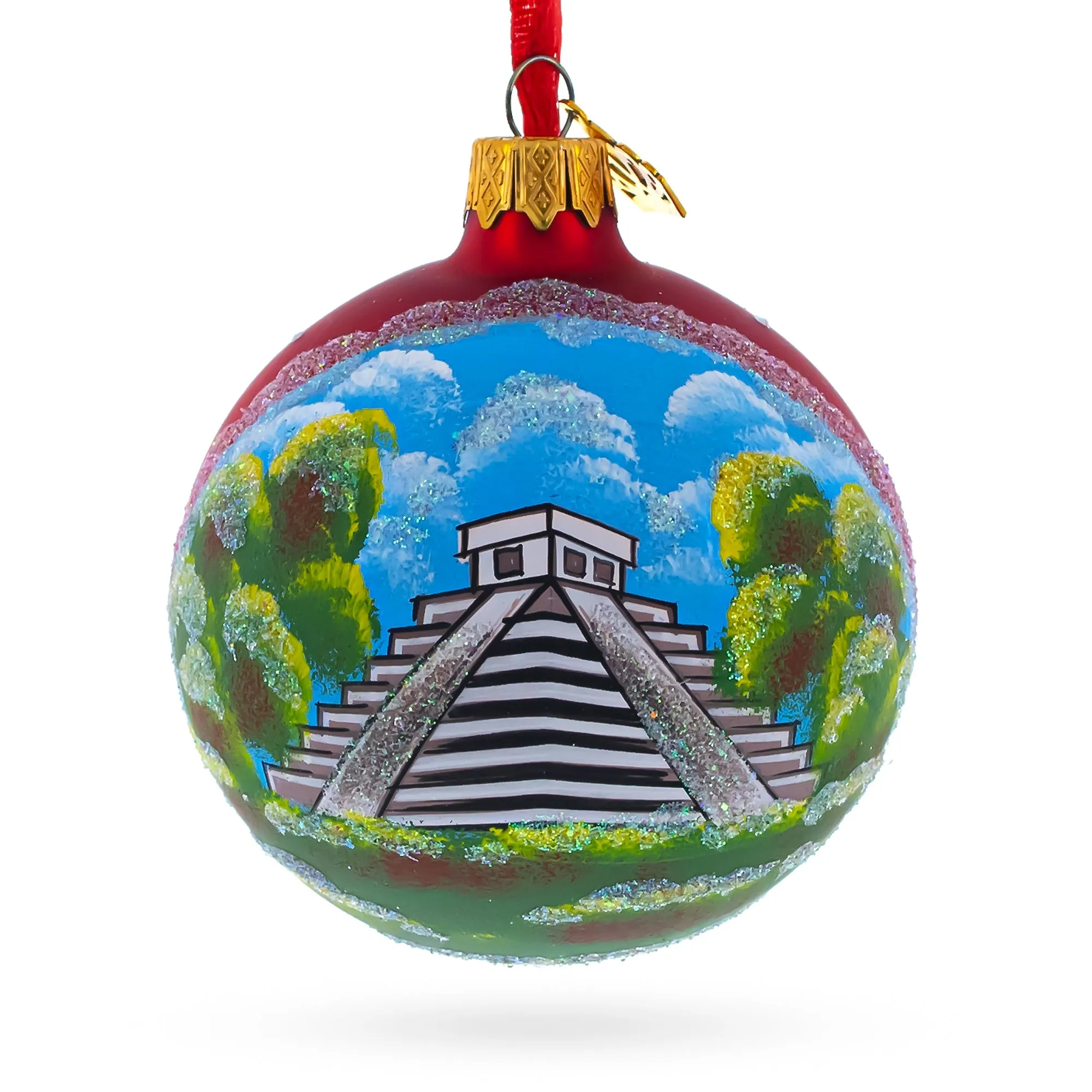 Mayan Pyramid, Mexico Glass Ball Christmas Ornament 3.25 Inches