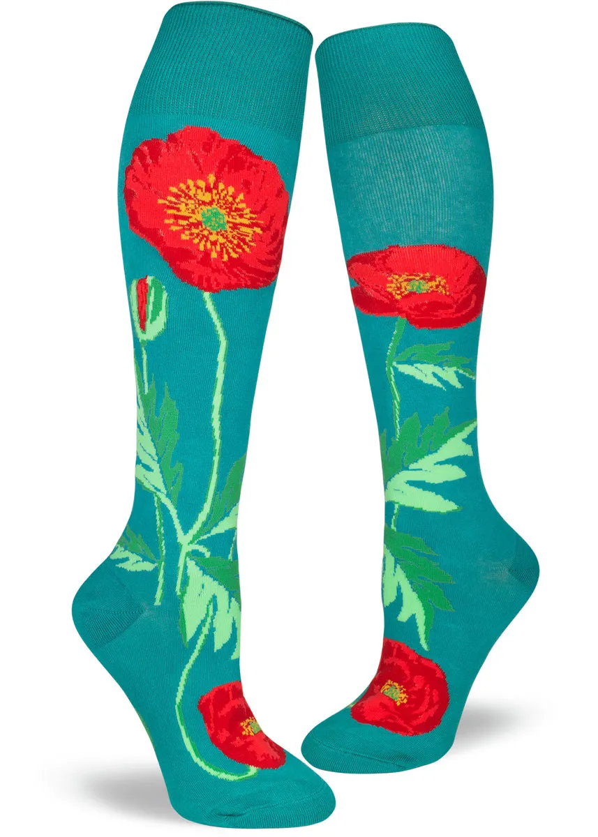 Poppies (Lake/Teal) Women's Roll-Top Knee Highs