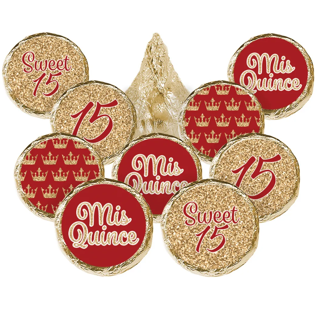 Quinceañera: Red & Gold - Sparkling Mis Quince 15th Birthday - Party Favor Stickers - Fits on Hershey® Kisses - 180 Stickers