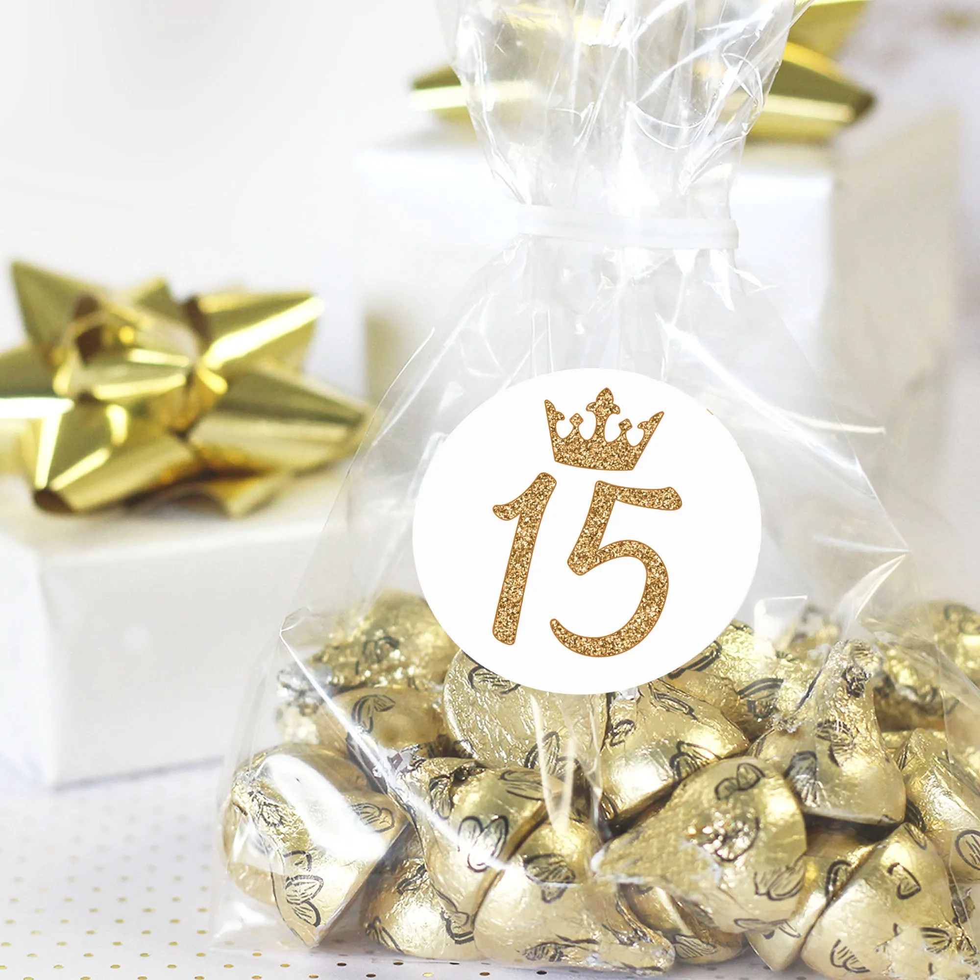 Quinceañera: White & Gold - Sparkling Mis Quince 15th Birthday - Party Favor Stickers - 40 Stickers