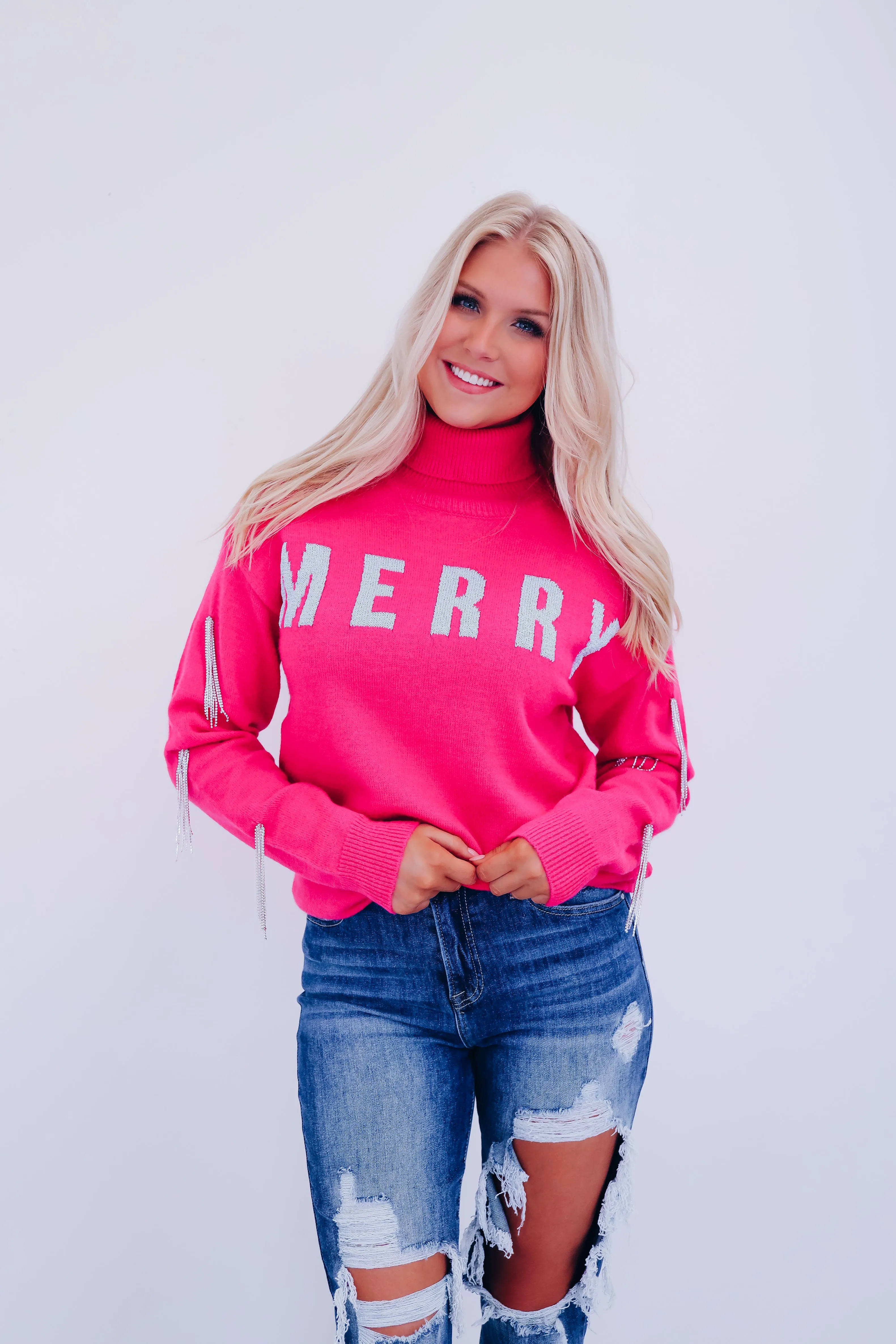 "Merry" Glitzy High Neck Sweater - Pink