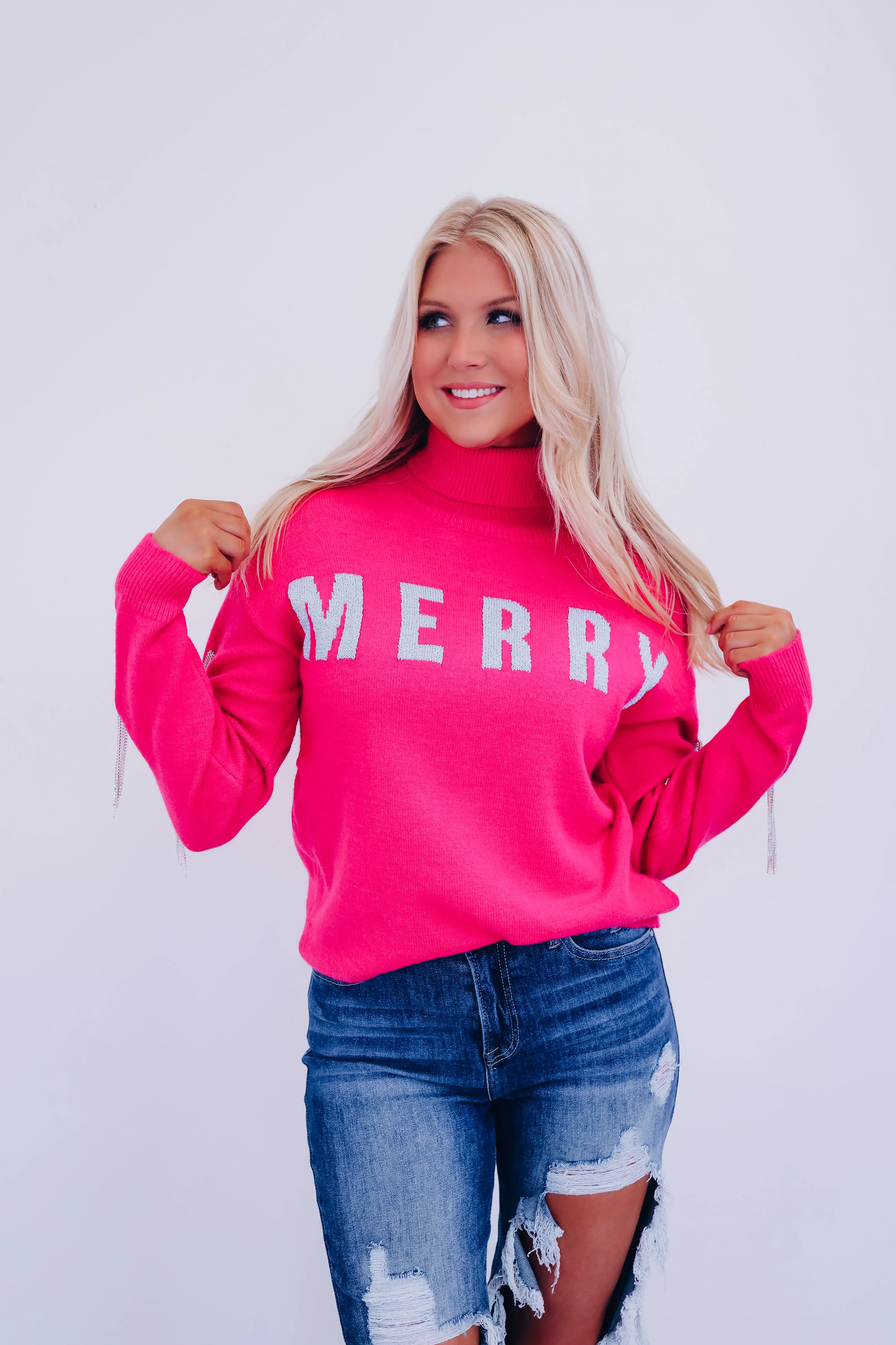 "Merry" Glitzy High Neck Sweater - Pink