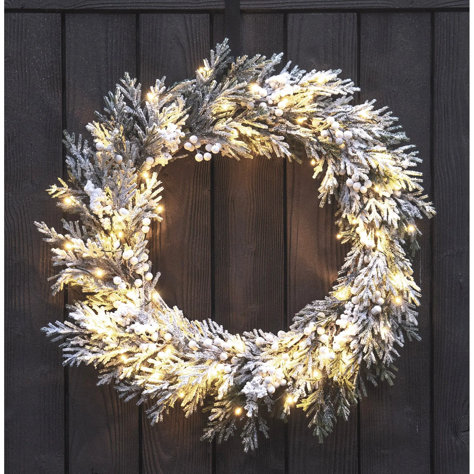 Red Co. 30” Decorative Snow-Flocked Artificial Light-Up Christmas Wreath with White Berries, Battery-Operated LED Lights with Timer