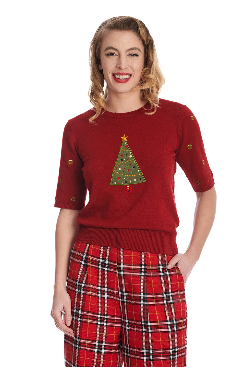 Scandi Tree Holiday Christmas Red Jumper by Banned