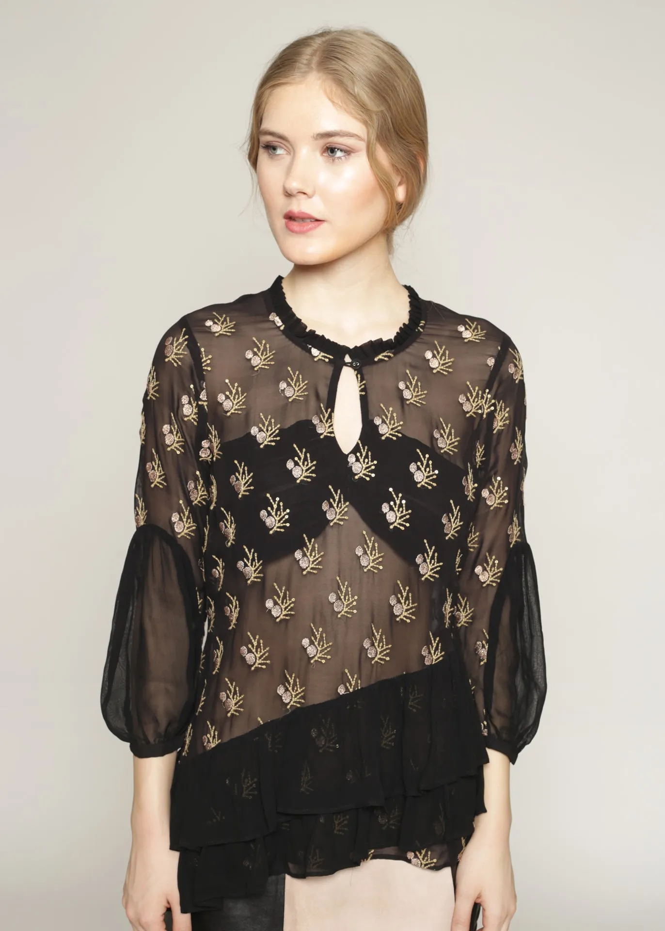 Sheer embroidered ruffle details party blouse