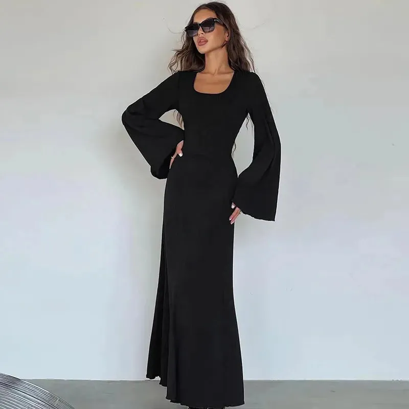 Solid Ribbed Trumpet Sleeves Maxi Dress For Women Back Lace-Up