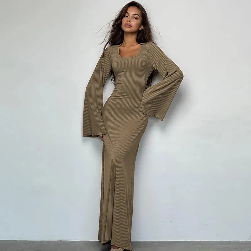 Solid Ribbed Trumpet Sleeves Maxi Dress For Women Back Lace-Up