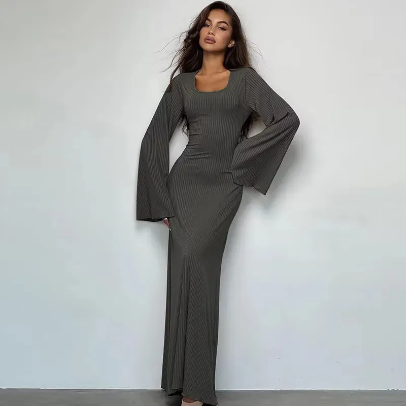 Solid Ribbed Trumpet Sleeves Maxi Dress For Women Back Lace-Up