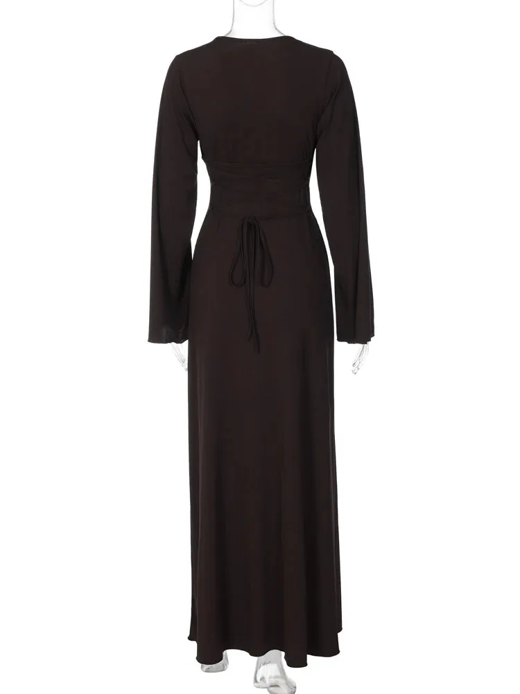 Solid Ribbed Trumpet Sleeves Maxi Dress For Women Back Lace-Up