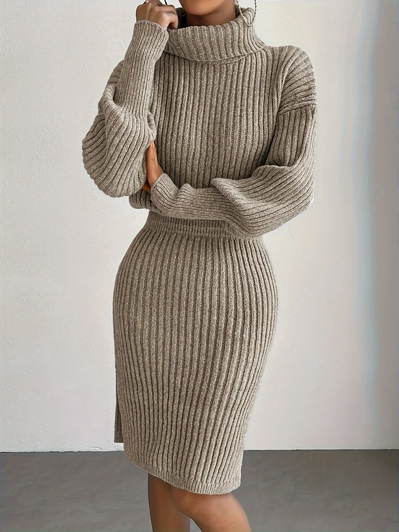 Stylish Rib Knit Turtleneck Lantern Sleeve Bodycon Sweater Dress - Women's Elegant Dresses for Fall & Winter - Soft, Cozy, and Versatile Knitted Clothing for Ladies